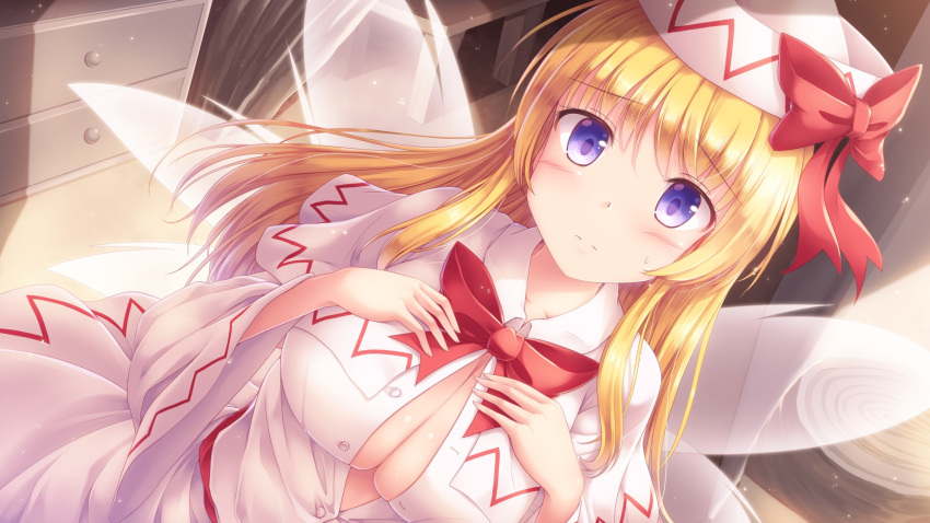 1girl bangs blonde_hair breasts buttons capelet commentary_request dutch_angle eyebrows_visible_through_hair fairy_wings hands_on_own_chest hat highres indoors large_breasts lily_white long_hair long_sleeves looking_at_viewer lzh open_clothes open_shirt partially_unbuttoned shirt solo touhou violet_eyes white_shirt wide_sleeves wings
