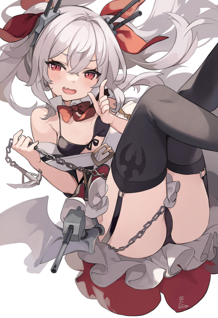 1girl :d anchor ass azur_lane bat_wings belt bikini bikini_top black_bikini black_legwear black_panties blush bow bowtie chain detached_collar eyebrows_visible_through_hair fang floating_hair frilled_skirt frills front-tie_bikini front-tie_top garter_straps hair_between_eyes hair_intakes hair_ribbon highres holding holding_chain index_finger_raised kurige_horse legs_up long_hair looking_at_viewer machinery open_mouth panties pantyshot pointing red_eyes red_neckwear revision ribbon signature simple_background skirt smile solo swimsuit thigh-highs turret twintails underwear upskirt vampire_(azur_lane) white_background white_hair wings