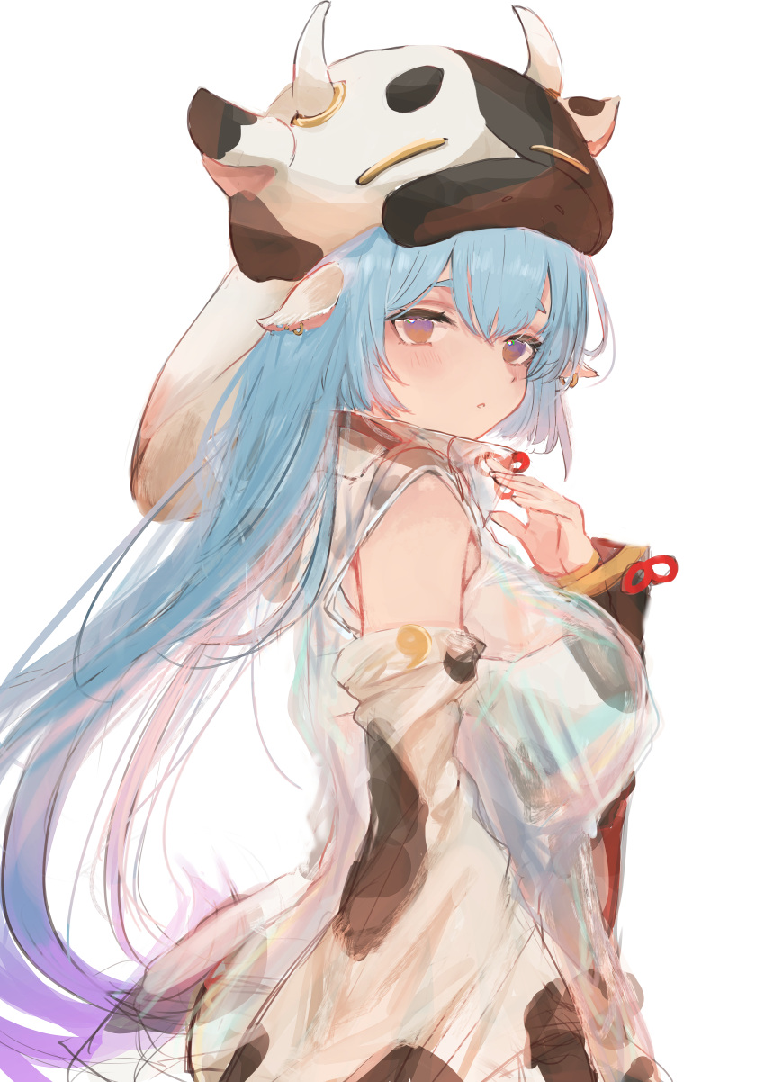 1girl absurdres animal_ears animal_print bangs bare_shoulders blue_hair blush breasts cow_ears cow_girl cow_hat cow_print detached_collar detached_sleeves draph ear_piercing granblue_fantasy hat highleg highres huge_filesize large_breasts long_hair looking_at_viewer maria_(syake-uni) piercing pointy_ears shatola_(granblue_fantasy) sheer_clothes swimsuit tail thigh-highs thighs very_long_hair violet_eyes white_background wide_sleeves