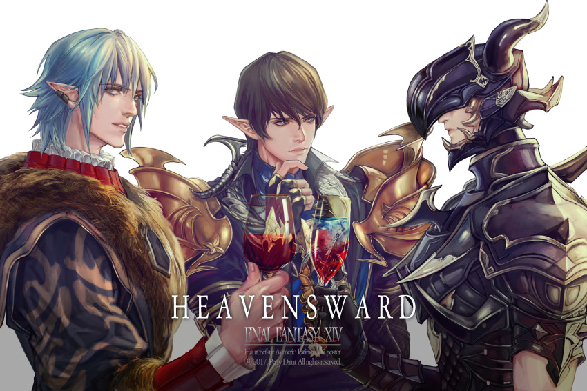 2017 3boys aqua_hair armor aymeric_de_borel black_armor black_hair body_armor breasts copyright_name covered_eyes cup dragoon_(final_fantasy) drinking_glass earrings elezen elf english_commentary english_text estinien final_fantasy final_fantasy_xiv finger_to_own_chin fingerless_gloves fur_trim glass gloves gold_trim grin haurchefant_greystone helmet highres horns jewelry knight large_breasts light_blue_eyes lips looking_to_the_side multiple_boys pointy_ears see-through short_hair shoulder_armor single_horn smile temple_knight_(final_fantasy_xiv) white_background wine_glass