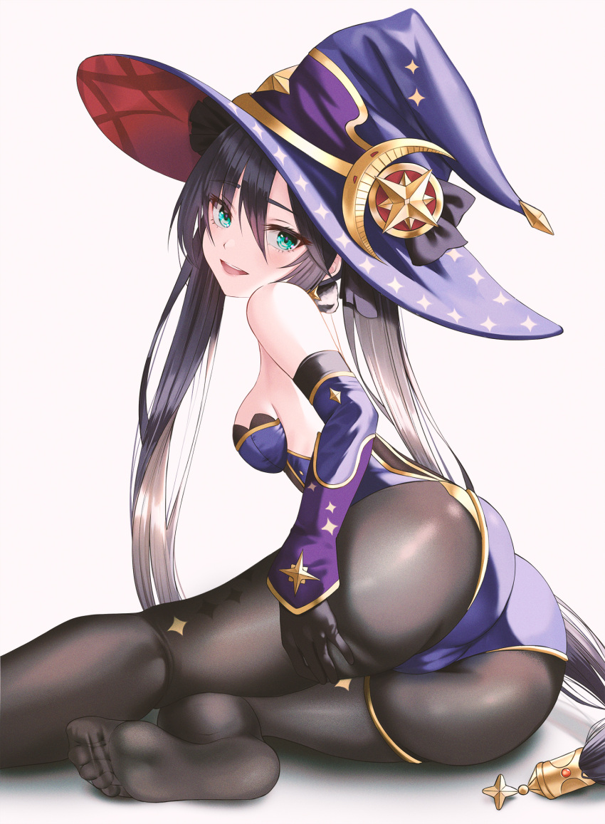 1girl ass bare_shoulders black_gloves black_hair black_legwear blue_eyes breasts detached_sleeves feet fine_fabric_emphasis from_behind genshin_impact gloves hand_on_own_ass hat highres junkt729 leotard long_hair long_sleeves looking_at_viewer medium_breasts mona_(genshin_impact) no_shoes open_mouth pantyhose purple_headwear purple_leotard shadow sidelocks simple_background sitting smile solo strapless strapless_leotard thighlet thighs very_long_hair white_background witch_hat yokozuwari