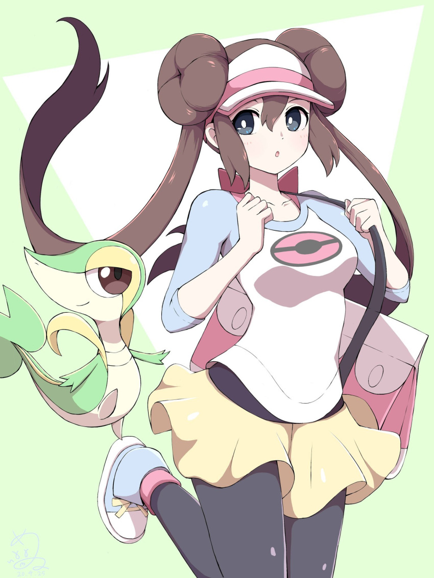 1girl :o bag bangs black_legwear bow brown_hair commentary double_bun floating_hair gen_5_pokemon handbag highres holding_strap jahana_mei leg_up legwear_under_shorts long_hair pantyhose pink_bow pokemon pokemon_(game) pokemon_bw2 raglan_sleeves rosa_(pokemon) shirt shoes short_shorts shorts smile sneakers snivy starter_pokemon twintails very_long_hair visor_cap yellow_shorts