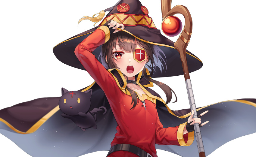 1girl belt black_cape black_gloves blush breasts brown_hair button_eyes cape chomusuke collar collarbone creature dress eyebrows_visible_through_hair eyepatch fingerless_gloves flying gloves hand_on_headwear hat highres holding holding_staff kono_subarashii_sekai_ni_shukufuku_wo! long_sleeves looking_at_viewer megumin myung_yi one_eye_covered open_mouth red_dress red_eyes short_hair_with_long_locks sidelocks simple_background solid_oval_eyes solo staff tassel triangle_mouth upper_body v-shaped_eyebrows white_background witch_hat yellow_eyes