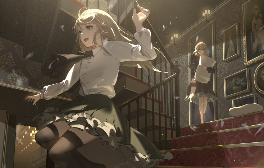 2girls :d absurdres black_legwear black_neckwear black_skirt blonde_hair collared_shirt facing_to_the_side feathers frilled_skirt frills highres holding holding_pillow huge_filesize indoors jumping lights long_hair long_sleeves looking_to_the_side multiple_girls nightgown oekaki_taro open_mouth original picture_(object) picture_frame pillow portrait_(object) railing rubbing_eyes shirt siblings skirt smile stairs thigh-highs twins white_shirt