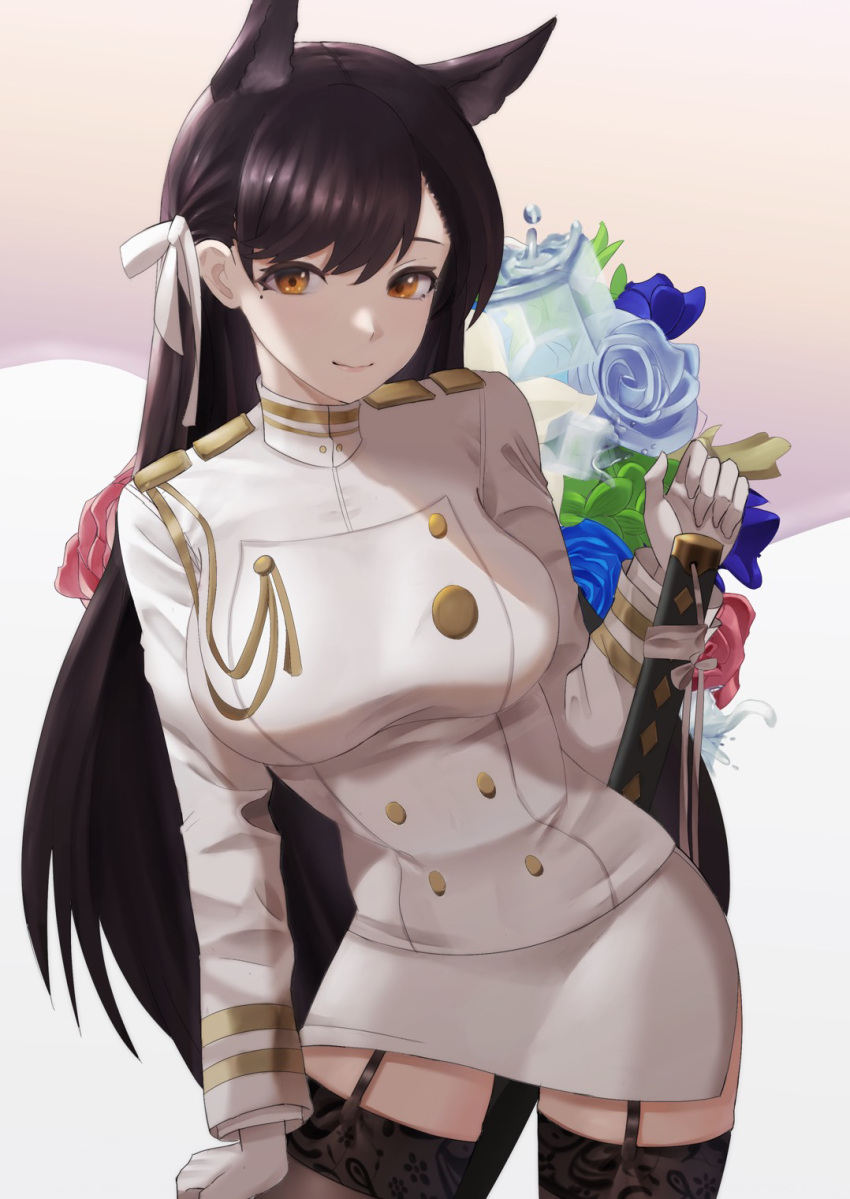 1girl animal_ears atago_(azur_lane) azur_lane black_hair black_legwear bouquet breasts double-breasted flower garter_straps gloves hair_behind_ear highres jacket large_breasts long_hair orange_eyes pencil_skirt ribbon sheath sheathed side_slit skirt solo thigh-highs white_gloves white_jacket white_ribbon yofo32858840 zettai_ryouiki