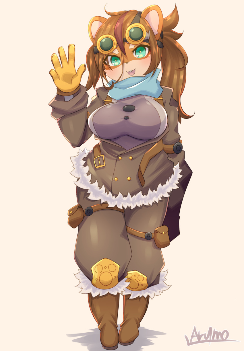 1girl :3 absurdres animal_ears artist_name bangs belt blue_scarf blush boots breasts brown_background brown_footwear brown_hair brown_jacket brown_pants buck_teeth commentary english_commentary full_body fur-trimmed_footwear fur-trimmed_jacket fur_trim furry gloves goggles goggles_on_head gradient gradient_background green-tinted_eyewear green_eyes hamster_ears hamster_girl hand_up happy highres jacket knee_boots knee_pads large_breasts light_blush long_hair long_sleeves looking_at_viewer multicolored_hair open_clothes open_jacket open_mouth original pants pouch purple_shirt redhead ryuusui_arumo scarf shiny shiny_hair shirt sidelocks signature simple_background smile solo standing streaked_hair thigh_strap tied_hair twintails two-tone_hair uneven_twintails waving winter_clothes yellow-framed_eyewear yellow_gloves