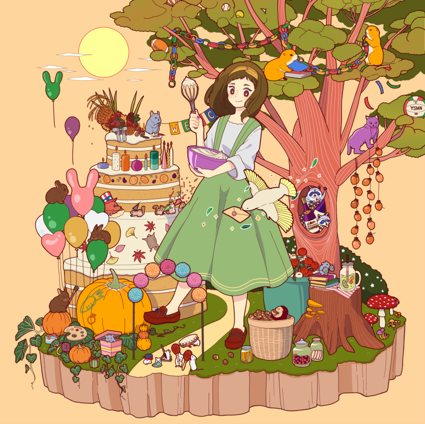 1girl american_football_(object) apple aqua_flower autumn_leaves ball basket bird bowl brown_eyes brown_footwear brown_hair cake cat clouds flower food fruit ginkgo_leaf green_skirt highres holding holding_bowl instrument leaf letter long_hair maple_leaf maracas mushroom orange_flower original palette pinecone pink_flower pumpkin raccoon red_flower shirt shoes skirt smile solo standing suspender_skirt suspenders tambourine tree tree_stump white_flower white_shirt wide_shot yoshimon