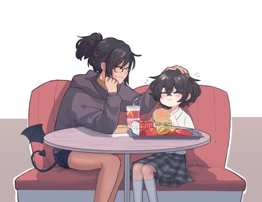 2girls :t black-framed_eyewear blind blind_girl_(popopoka) blush child collared_shirt commentary commission couch cup demon_tail demon_wings disposable_cup drinking_straw eating english_commentary food freckles french_fries glasses grey_eyes grey_hoodie grey_skirt hamburger hand_on_another's_head highres holding holding_food hood hoodie long_sleeves low_wings mcdonald's medium_hair multiple_girls neck_ribbon notice_lines orange_neckwear orange_ribbon original petting popopoka ribbon shirt short_shorts shorts sitting skirt smile socks tail tray white_legwear wing_collar wings