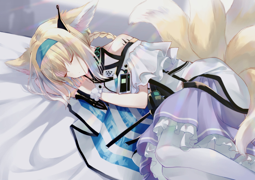 1girl animal_ear_fluff animal_ears arknights bare_shoulders bed_sheet blonde_hair blue_hairband braid chokie closed_eyes closed_mouth clothing_cutout commentary feet_out_of_frame frilled_skirt frills gradient_hair hair_rings hairband lying multicolored_hair multiple_tails on_side pantyhose purple_skirt shirt shoulder_cutout skirt solo suzuran_(arknights) symbol_commentary tail white_hair white_legwear white_shirt