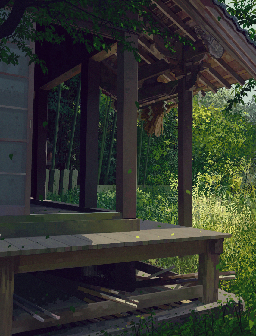 bamboo branch bush day falling_leaves fence highres koyuki_ekaki leaf no_humans original outdoors plank scenery shadow sliding_doors tall_grass tree veranda wall wooden_floor