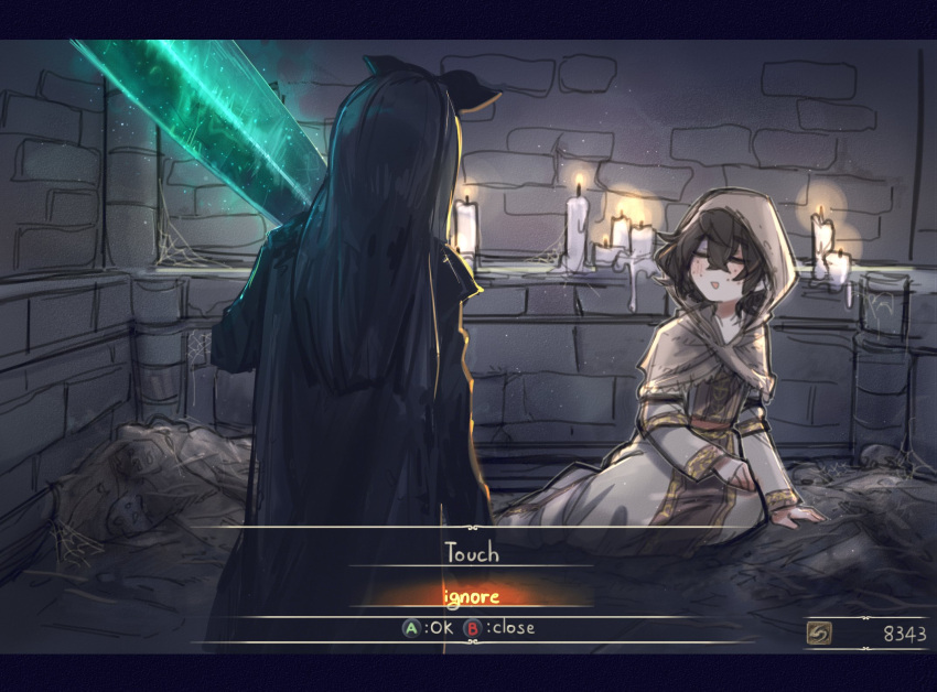 2girls :d ashen_one_(dark_souls_3) bangs black_hair blind blind_girl_(popopoka) bow bully_girl_(popopoka) candle closed_eyes commentary cosplay crossed_bangs dark_souls_iii dress english_commentary freckles from_behind hair_between_eyes hair_bow highres holding holding_sword holding_weapon irina_of_carim irina_of_carim_(cosplay) letterboxed long_hair moonlight_greatsword multiple_girls open_mouth original popopoka sitting smile souls_(from_software) sword weapon white_dress yokozuwari
