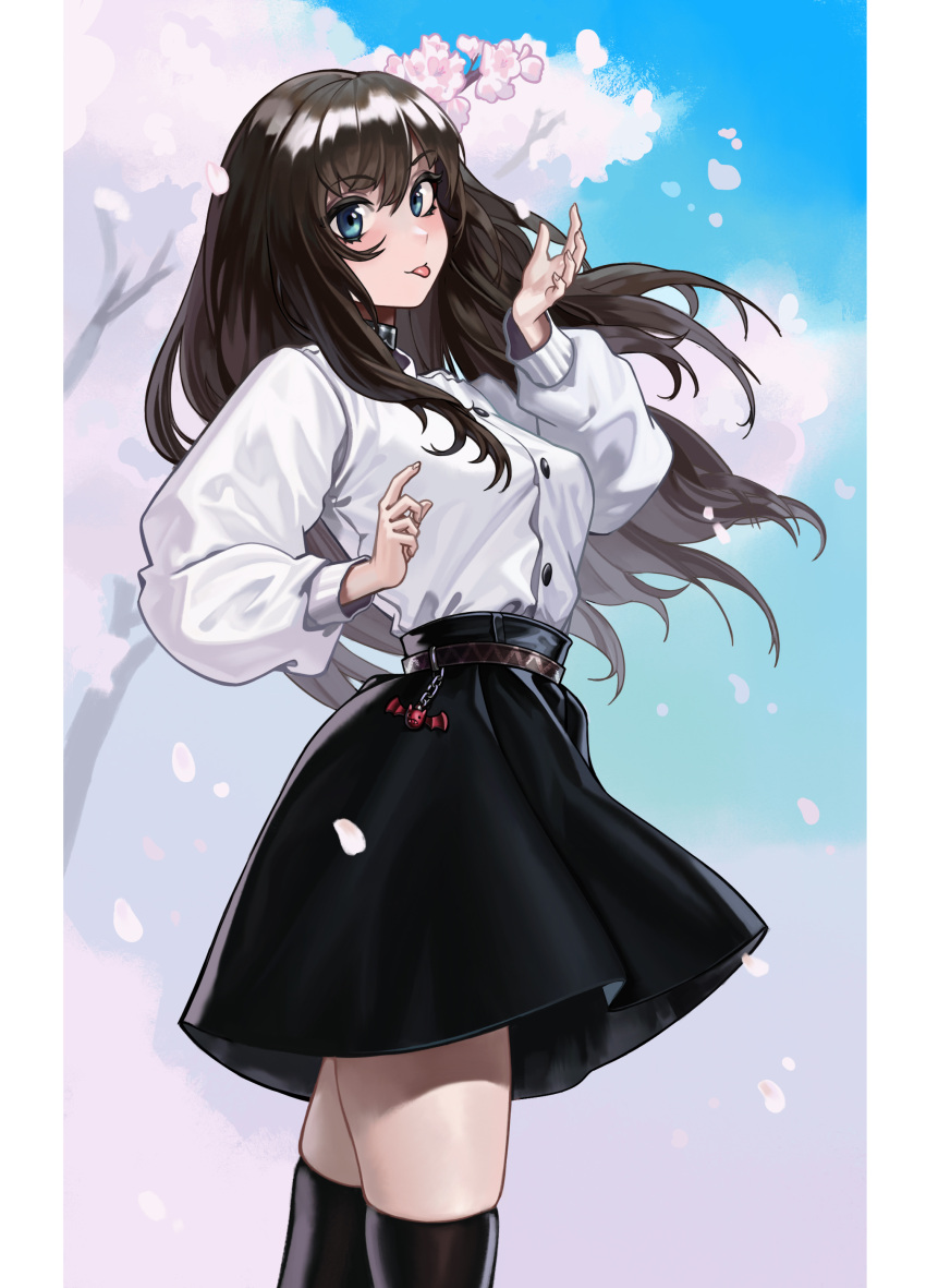 1girl absurdres belt black_legwear black_skirt blue_eyes blue_sky brown_belt brown_hair buttons character_request charm_(object) cherry_blossoms copyright_request eyebrows_visible_through_hair geminingen hair_between_eyes highres korean_commentary long_hair long_sleeves looking_at_viewer petals pillarboxed shirt skirt sky solo thigh-highs tongue tongue_out tree white_shirt wide_sleeves zettai_ryouiki