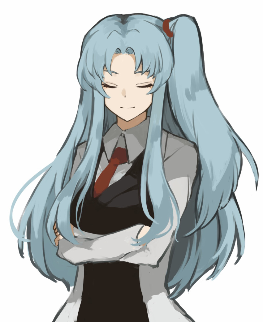 1girl angela_(lobotomy_corporation) black_vest blue_hair closed_eyes closed_mouth collared_shirt crossed_arms disconnected_mouth hair_intakes highres lobotomy_corporation long_hair long_sleeves necktie one_side_up red_neckwear shirt sidelocks simple_background smile solo uina very_long_hair vest white_background white_shirt