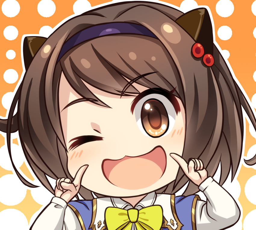 1girl ;d bangs blue_capelet blush bow bowtie brown_eyes brown_hair capelet collared_shirt commentary_request draph eyebrows_visible_through_hair fingers_to_cheeks granblue_fantasy hair_bobbles hair_intakes hair_ornament hairband highres horns long_sleeves looking_at_viewer luupechi one_eye_closed open_mouth orange_background portrait shirt short_hair sidelocks smile solo white_shirt yaia_(granblue_fantasy) yellow_bow