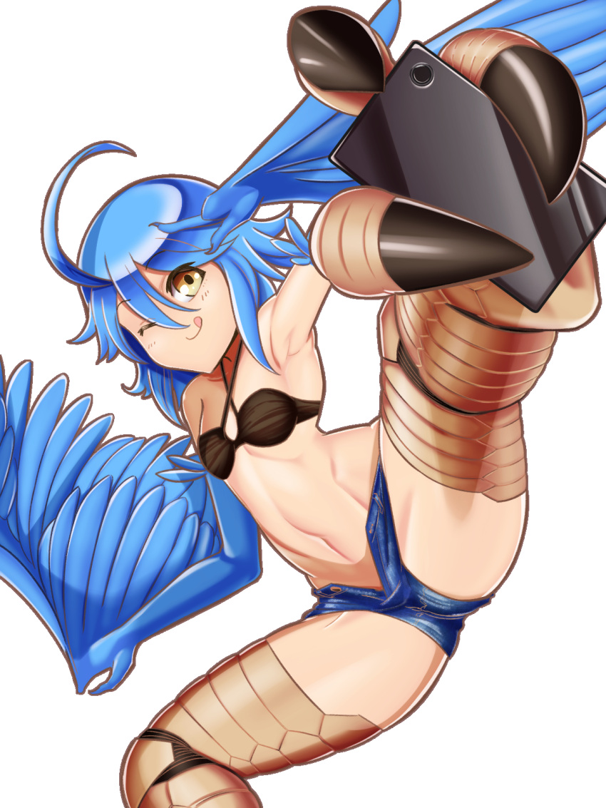 1girl ;q ahoge bird_legs blue_feathers blue_hair cellphone commentary_request eyebrows_visible_through_hair feathered_wings feathers foot_hold harpy highres imaani monster_girl monster_musume_no_iru_nichijou one_eye_closed open_fly papi_(monster_musume) phone self_shot short_shorts shorts simple_background solo standing standing_on_one_leg talons tongue tongue_out v white_background winged_arms wings yellow_eyes
