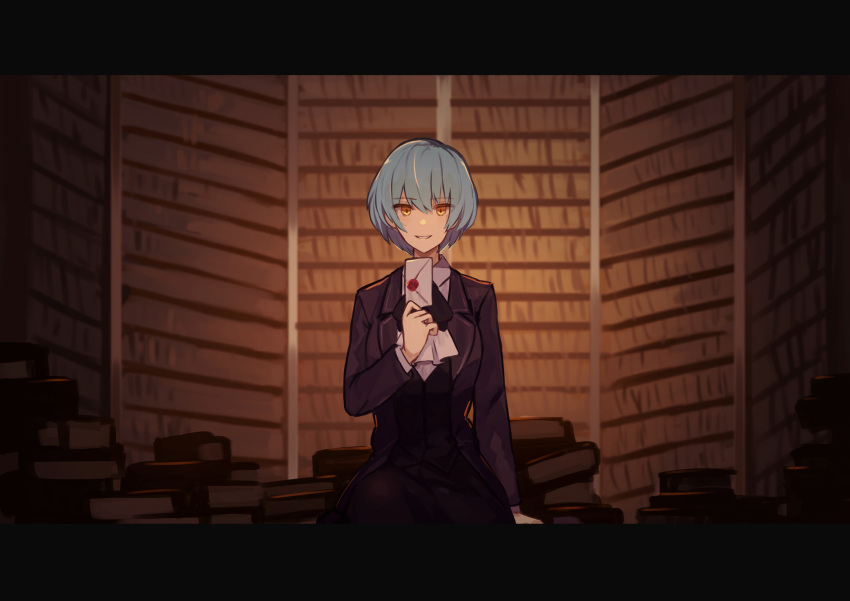 1girl angela_(lobotomy_corporation) arm_at_side bangs black_jacket blue_hair bookshelf eyebrows_visible_through_hair eyes_visible_through_hair facing_viewer grin hair_between_eyes hand_up highres holding holding_letter indoors jacket letter letterboxed library_of_ruina long_sleeves looking_at_viewer open_clothes open_jacket short_hair smile solo uina yellow_eyes