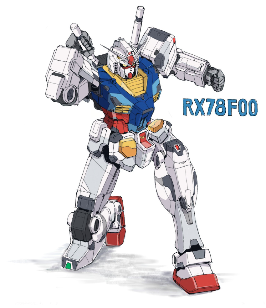beam_saber character_name clenched_hand gundam highres holding holding_sword holding_weapon jugon_sushi kneeling looking_down mecha mobile_suit_gundam one_knee rx-78-2 science_fiction solo sword v-fin weapon white_background yellow_eyes