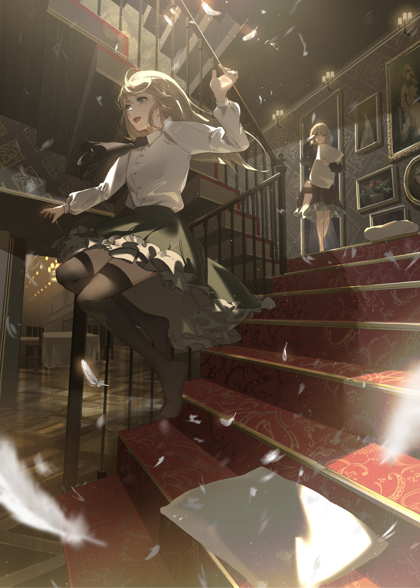 2girls :d absurdres black_legwear black_neckwear black_skirt blonde_hair collared_shirt facing_to_the_side feathers frilled_skirt frills highres holding holding_pillow huge_filesize indoors jumping lights long_hair long_sleeves looking_to_the_side multiple_girls nightgown no_shoes oekaki_taro open_mouth original picture_(object) picture_frame pillow portrait_(object) railing rubbing_eyes shirt siblings skirt smile stairs table tablecloth thigh-highs tile_floor tiles twins white_shirt