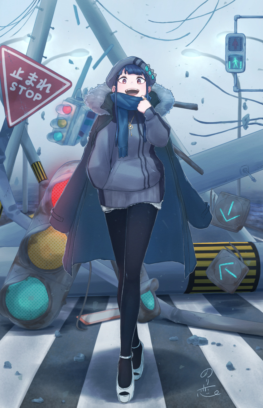 1girl artist_name bangs black_legwear blue_hair blue_scarf coat coat_on_shoulders commentary_request cutoffs destruction english_commentary english_text fog full_body fur-trimmed_hood fur_trim grey_coat grey_headwear grey_sky hand_in_pocket hat high_heels highres hood hood_down hooded_coat jewelry legwear_under_shorts long_sleeves looking_at_viewer necklace norikoi open_mouth original outdoors pantyhose ring road scarf short_shorts shorts sidelocks signature smile solo standing traffic_light violet_eyes white_footwear white_shorts
