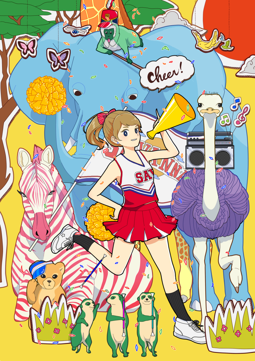 1girl animal bird boombox bow brown_hair bug butterfly cheerleader clouds confetti elephant flag giraffe hair_bow highres insect leg_up long_hair meerkat monkey original ostrich pink_butterfly pleated_skirt pom_poms ponytail print_shirt purple_butterfly red_bow red_skirt shirt shoes skirt sleeveless sleeveless_shirt solo speech_bubble tree white_footwear yoshimon zebra