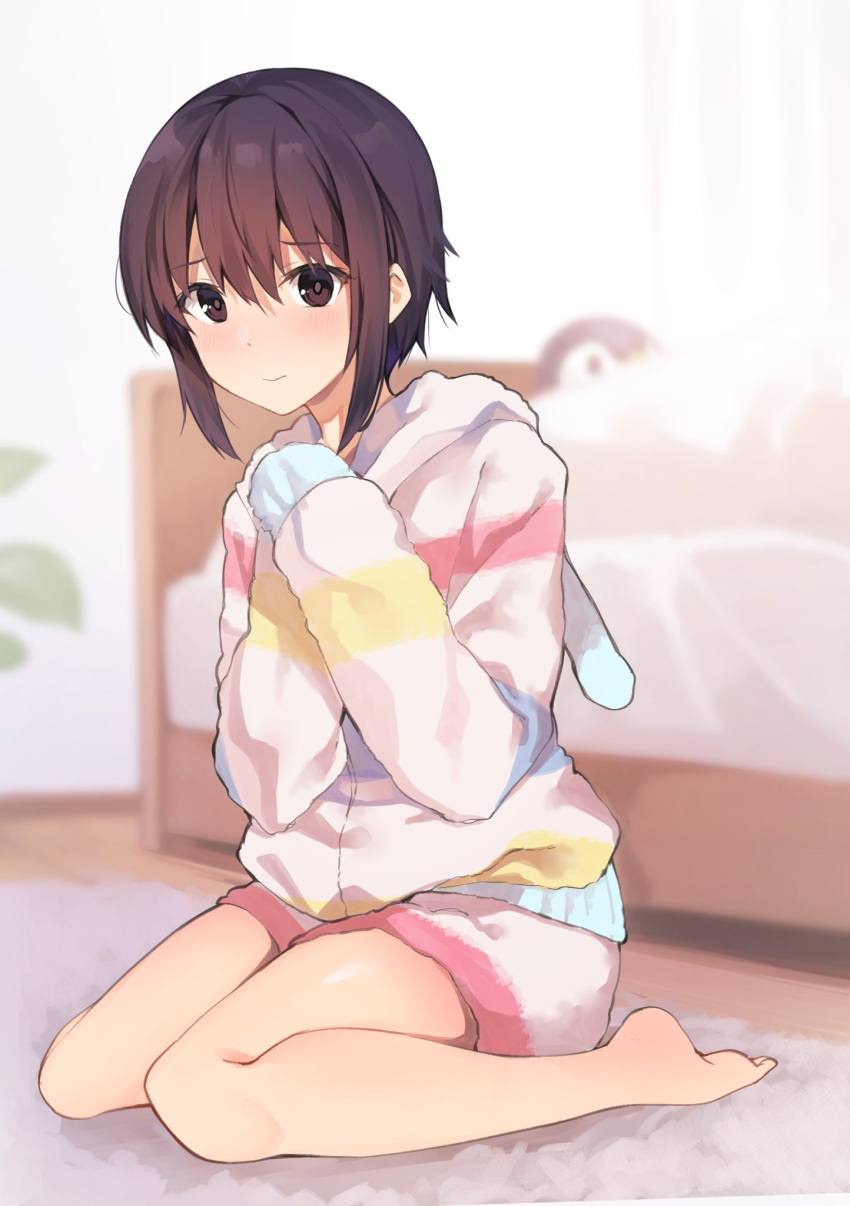 1girl animal_hood bangs barefoot bed bedroom blurry blurry_background blush bob_cut brown_eyes brown_hair bunny_hood closed_mouth commentary depth_of_field eyebrows_visible_through_hair hair_between_eyes hair_strand hands_on_own_chest hands_together highres hitoiki hood hood_down hooded_sweater hoodie indoors light_blush light_smile long_sleeves looking_at_viewer loungewear multicolored multicolored_clothes nervous on_floor original pink_shorts plant raised_eyebrows rug short_hair short_hair_with_long_locks shorts sidelocks sitting sleeves_past_wrists solo striped striped_hoodie striped_shorts stuffed_animal stuffed_penguin stuffed_toy sweater tomboy w_arms wariza white_hoodie white_shorts wooden_floor
