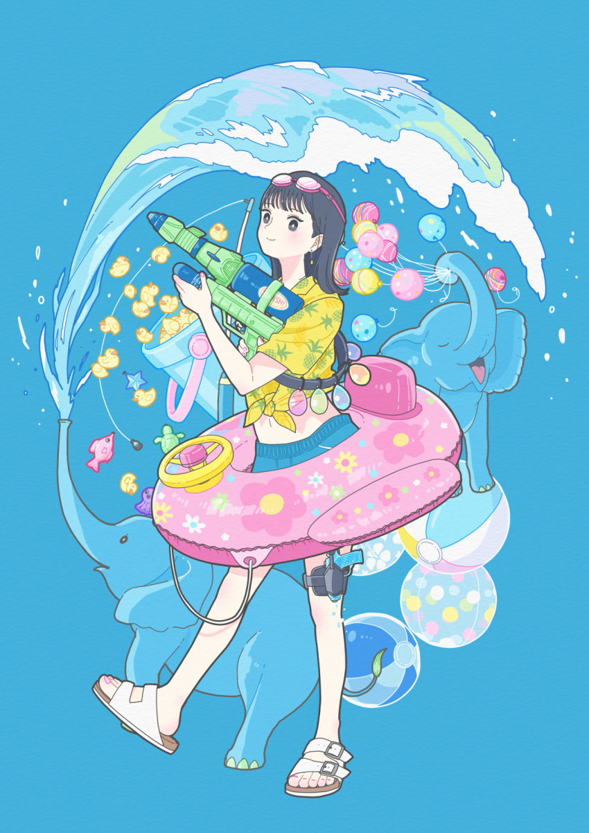 1girl ball bangs beachball black_hair blue_background bucket elephant goggles goggles_on_head highres innertube midriff navel original pink_nails rubber_duck sandals shirt solo turtle water water_gun yellow_shirt yoshimon