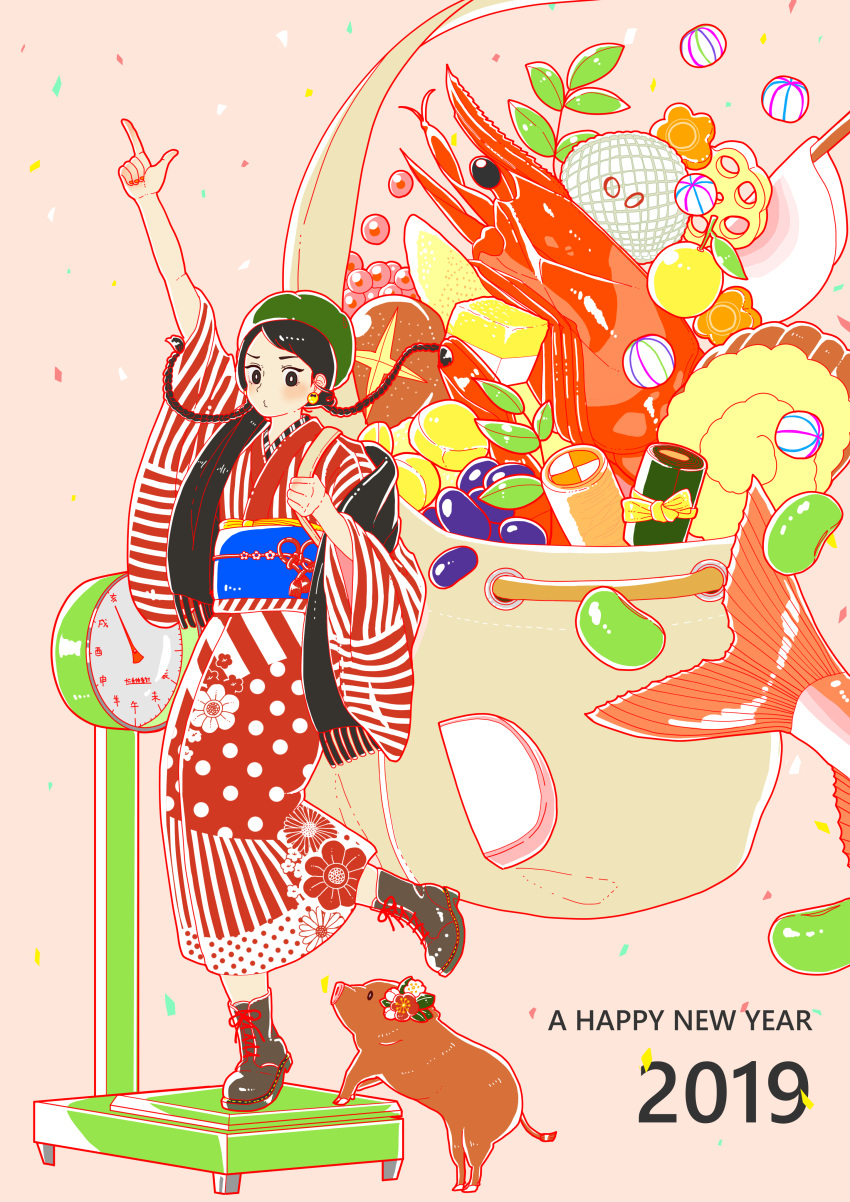 1girl 2019 absurdres arm_up black_eyes black_footwear black_hair blue_sash braid chinese_zodiac earrings fish floating_hair food food_request green_headwear happy_new_year hat highres index_finger_raised japanese_clothes jewelry kimono leaf lobster long_hair nengajou new_year obi original osechi print_kimono red_kimono roe sash shoes solo twin_braids weighing_scale year_of_the_pig yoshimon