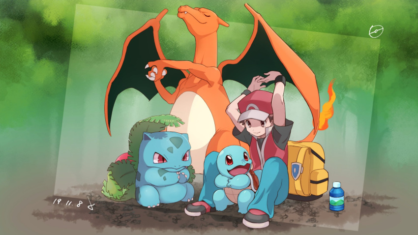 1boy arms_up backpack bag baseball_cap charizard closed_mouth commentary_request dated fire flame gen_1_pokemon hat highres ivysaur jacket male_focus pants poke_ball_symbol pokemon pokemon_(creature) pokemon_(game) pokemon_frlg red_(pokemon) red_headwear shoes short_sleeves sitting smile squirtle three_guo vs_seeker wristband yellow_bag