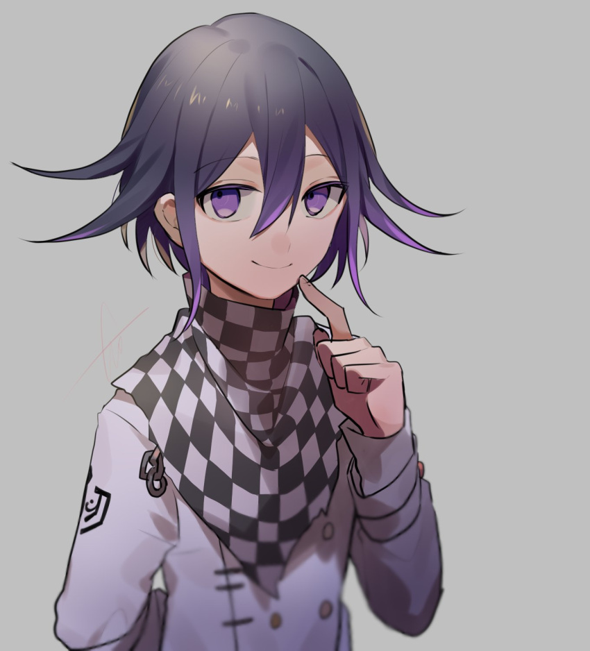 1boy arm_behind_back bangs black_hair checkered checkered_scarf closed_mouth dangan_ronpa_(series) dangan_ronpa_v3:_killing_harmony double-breasted grey_background hair_between_eyes hand_up highres huyuharu0214 index_finger_raised jacket long_sleeves looking_at_viewer male_focus multicolored_hair ouma_kokichi purple_hair scarf shiny shiny_hair short_hair simple_background smile solo straitjacket upper_body violet_eyes white_jacket