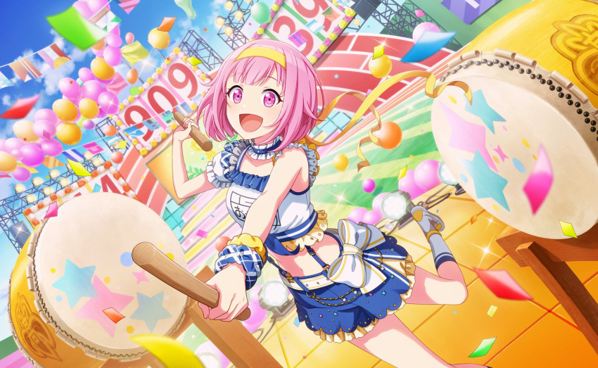 1girl balloon blush confetti day decorations dress drums drumsticks official_art ootori_emu open_mouth pink_eyes pink_hair project_sekai short_hair smile solo sports wink