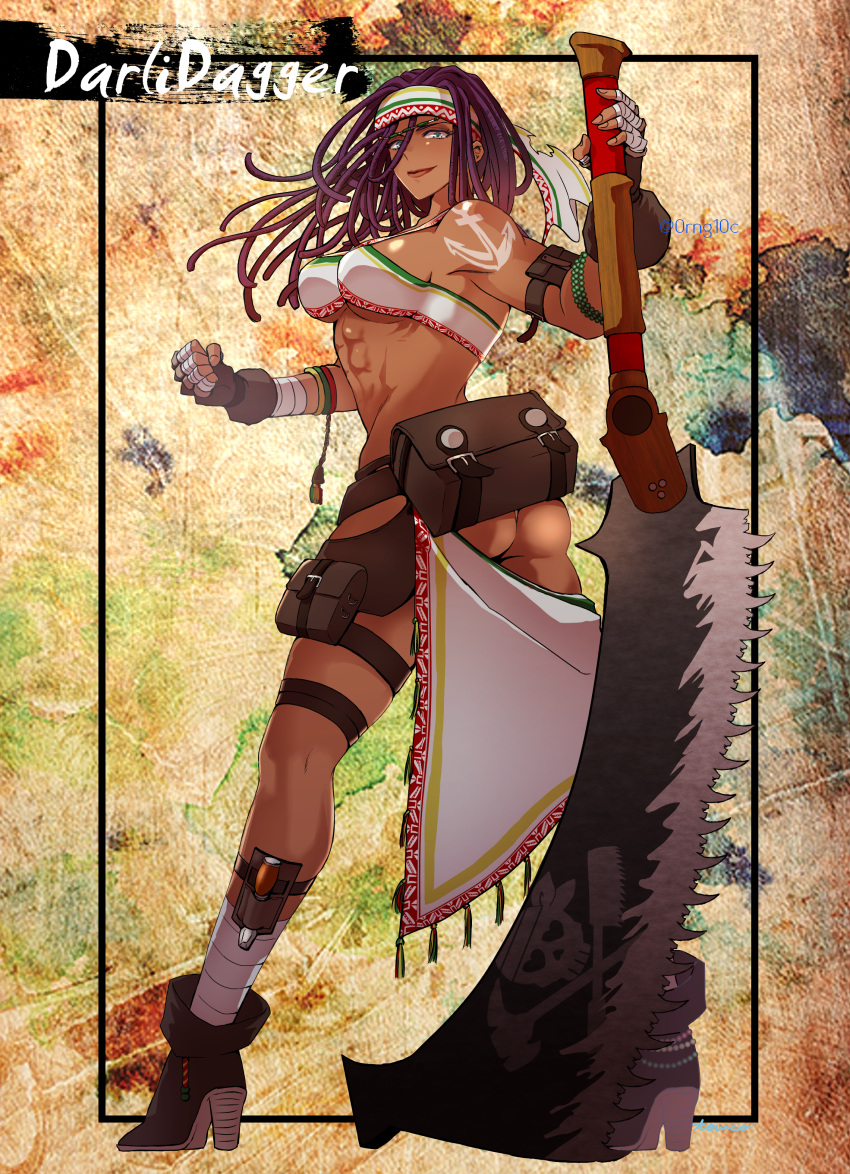 1girl abs absurdres anchor_tattoo animal_ears ankle_boots arm_pouch ass bandaged_fingers bandaged_leg bandages beads belt blue_eyes boots bracelet breasts clenched_hand dark_skin darli_dagger full_body hair_beads hair_ornament high_heel_boots high_heels highres huge_weapon jewelry jolly_roger lips long_hair long_legs looking_at_viewer looking_back madagascar medium_breasts multiple_belts muscular muscular_female pearl_bracelet planted_weapon purple_hair samurai_spirits saw saw_cleaver shoulder_tattoo skull_and_crossed_swords solo tattoo thigh_pouch thigh_strap tools towoko_(orange_bitch) twisted_torso under_boob very_dark_skin weapon