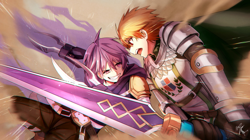 2boys ahoge armor assassin_(ragnarok_online) bangs black_gloves black_pants blocking brown_hair cape chainmail clenched_teeth commentary_request cowboy_shot dagger emblem fighting gauntlets gloves goditsuka green_cape hair_between_eyes highres holding holding_dagger holding_sword holding_weapon jamadhar knight_(ragnarok_online) looking_at_another male_focus multiple_boys open_mouth pants pauldrons purple_cape purple_hair purple_shirt ragnarok_online ragnarok_x:_next_generation red_eyes shirt short_hair shoulder_armor signature sword tabard teeth torn_cape torn_clothes uneven_eyes violet_eyes waist_cape weapon