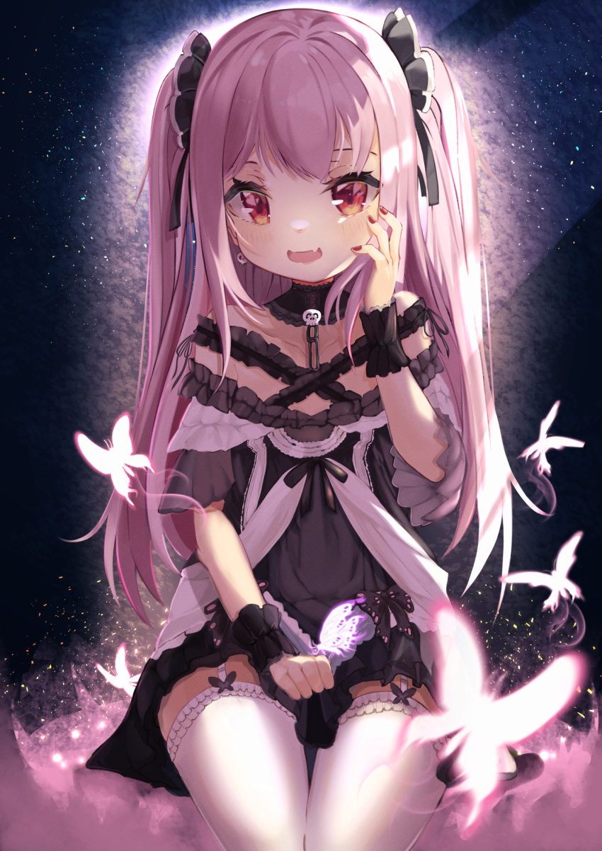 1girl :d amaton707 bangs bare_shoulders black_dress blush bug butterfly dress eyebrows_behind_hair fangs frilled_dress frilled_legwear frills garter_straps hand_up highres hololive insect long_hair looking_at_viewer nail_polish off-shoulder_dress off_shoulder open_mouth pink_hair red_eyes red_nails see-through short_sleeves sitting smile solo thigh-highs two_side_up uruha_rushia very_long_hair virtual_youtuber white_legwear wrist_cuffs