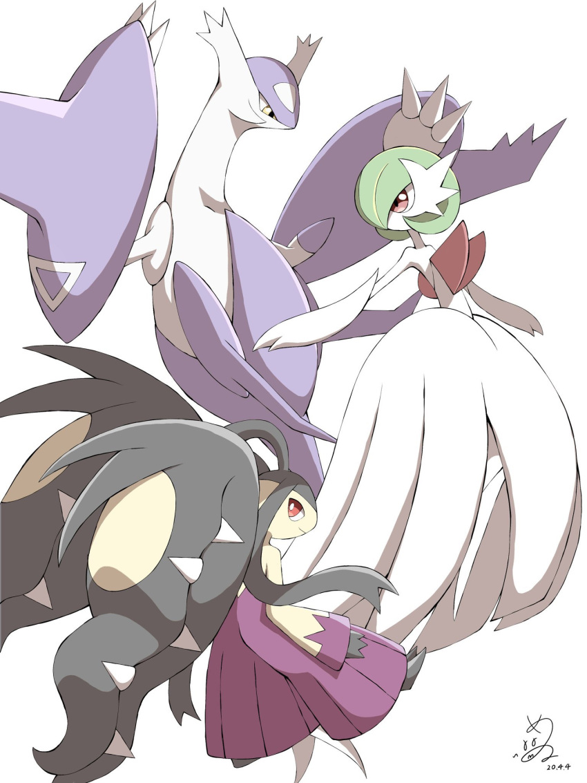 claws closed_mouth commentary_request dated gardevoir gen_3_pokemon highres jahana_mei latias legendary_pokemon looking_back mawile mega_gardevoir mega_latias mega_mawile mega_pokemon outstretched_arms pokemon pokemon_(creature) red_eyes signature white_background yellow_eyes
