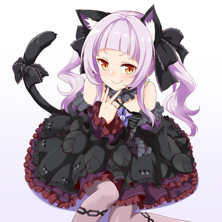 &gt;:) 1girl absurdres animal_ear_fluff animal_ears bangs bare_shoulders black_dress black_sleeves blunt_bangs blush cat_ears cat_girl cat_tail closed_mouth criss-cross_halter detached_sleeves dress felutiahime frilled_dress frilled_shirt_collar frilled_sleeves frills gothic_lolita hair_ribbon halter_dress halterneck highres hololive juliet_sleeves layered_dress lolita_fashion long_hair long_sleeves looking_at_viewer murasaki_shion orange_eyes pantyhose puffy_sleeves purple_hair ribbon short_eyebrows silver_hair simple_background sitting sleeveless sleeveless_dress smile solo tail twintails v v-shaped_eyebrows virtual_youtuber white_background
