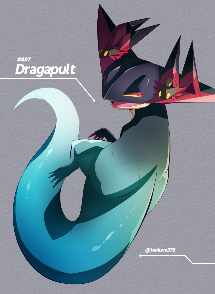 absurdres artist_name character_name claws commentary_request dragapult gen_8_pokemon grey_background hashtag highres jacknaiff looking_back no_humans number open_mouth pokemon pokemon_(creature) tongue