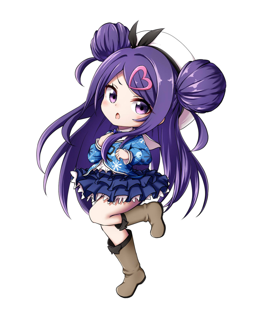1girl bangs beret blue_jacket blue_skirt blush boots brown_footwear chibi double_bun eyebrows_visible_through_hair full_body hair_ornament hat heart heart_hair_ornament highres jacket kuena layered_skirt long_hair long_sleeves looking_at_viewer ochikobore_fruit_tart open_mouth pleated_skirt purple_hair sekino_roko shirt simple_background skirt solo standing standing_on_one_leg swept_bangs two_side_up v-shaped_eyebrows very_long_hair violet_eyes white_background white_headwear white_shirt