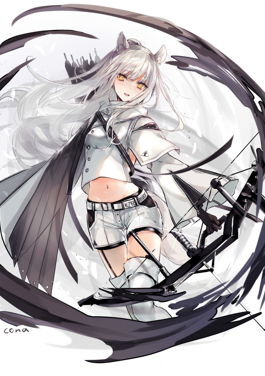 1girl absurdres animal_ear_fluff animal_ears arknights artist_name black_gloves boots bow_(weapon) commentary eyebrows_visible_through_hair floating_hair garter_straps gloves happitan_no_kona highres holding holding_bow_(weapon) holding_weapon horse_ears horse_tail long_hair long_sleeves looking_at_viewer midriff navel platinum_(arknights) quiver shirt shorts solo tail thigh-highs thigh_boots very_long_hair weapon white_background white_hair white_legwear white_shirt white_shorts yellow_eyes