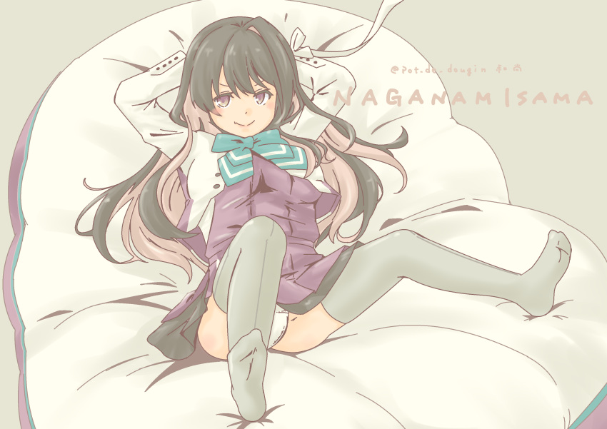 1girl black_hair blazer blouse boots bow bowtie breasts character_name cross-laced_footwear cushion dress fang gradient gradient_background grey_background grey_legwear hair_down hairband halterneck highres jacket kantai_collection lace-up_boots large_breasts long_hair looking_at_viewer multicolored_hair naganami_(kantai_collection) panties pantyshot pink_hair pleated_skirt pot-de remodel_(kantai_collection) shirt short_sleeves sitting skirt smile solo thigh-highs two-tone_hair underwear wavy_hair white_blouse white_hairband white_panties white_shirt