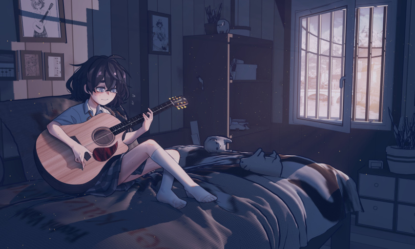 1girl absurdres acoustic_guitar ahoge black_hair blind blind_girl_(popopoka) cabinet closed_mouth collared_shirt commentary english_commentary flying_sweatdrops freckles grey_eyes grey_skirt guitar highres holding holding_instrument indoors instrument medium_hair music neck_ribbon no_shoes on_bed orange_neckwear orange_ribbon original photo_(object) pillow playing_instrument popopoka ribbon room shirt short_sleeves sitting skirt socks solo stuffed_animal stuffed_toy white_legwear white_shirt window wing_collar