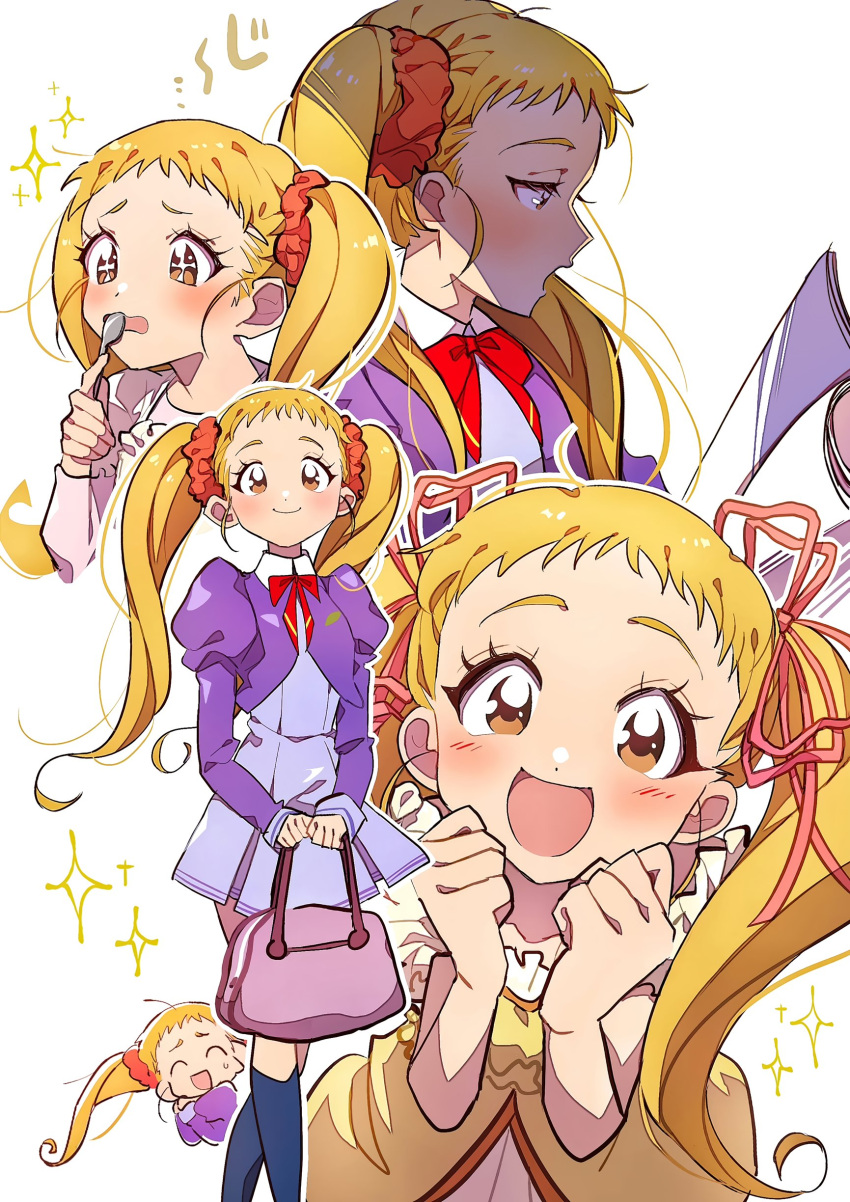 5girls absurdres blonde_hair blush eating eyelashes grgrton hair_ornament happy highres juliet_sleeves kasugano_urara_(yes!_precure_5) l'ecole_des_cinq_lumieres_school_uniform long_hair long_sleeves looking_at_viewer multiple_girls multiple_persona open_mouth precure puffy_long_sleeves puffy_sleeves ribbon school_uniform shoes simple_background smile socks spoon twintails white_background yellow_eyes yes!_precure_5 yes!_precure_5_gogo!