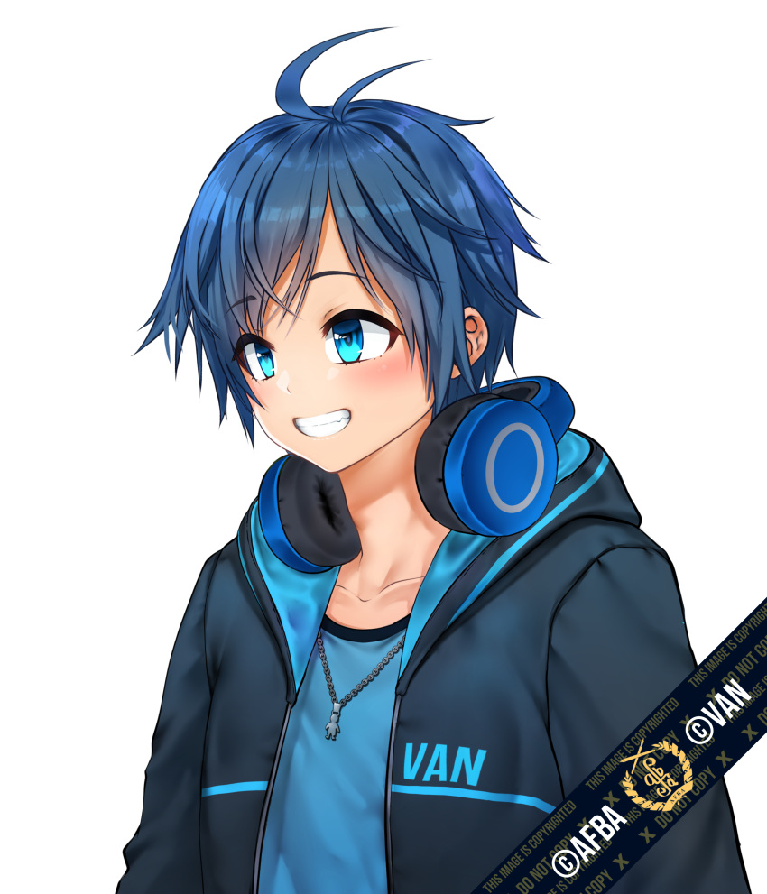 1boy absurdres afba bangs blue_eyes blue_hair blush collarbone commission ears english_commentary english_text eyebrows_visible_through_hair grin hair_between_eyes happy headphones headphones_around_neck highres hood hood_down hoodie jewelry looking_to_the_side necklace open_mouth original short_hair short_sleeves simple_background smile teeth white_background