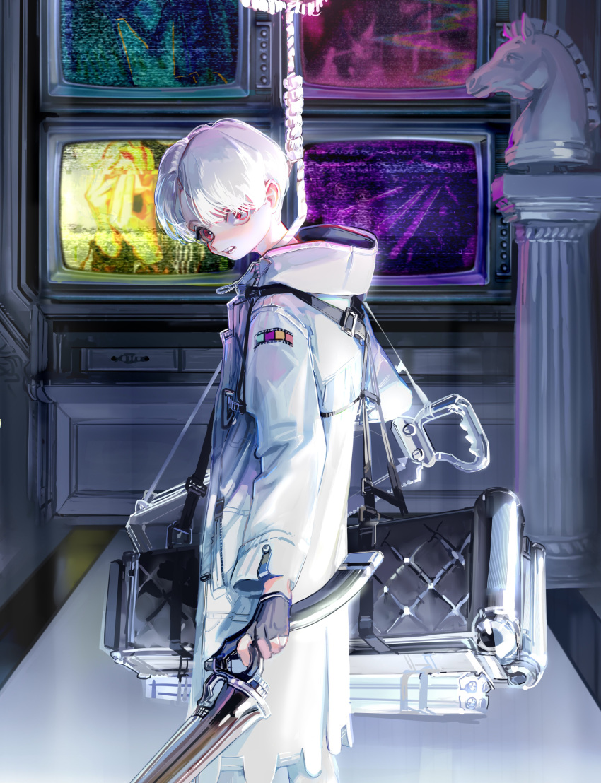 1boy absurdres coat cropped gloves grey_gloves highres holding holding_weapon hood hood_down looking_at_viewer male_focus noose open_mouth original pillar red_eyes rope solo taro-k teeth television weapon white_coat white_hair