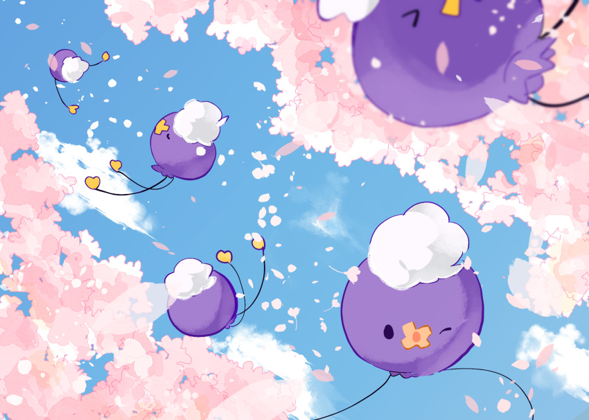 black_eyes blue_sky cherry_blossoms clouds cloudy_sky commentary_request creature day drifloon floating gen_4_pokemon highres looking_at_viewer no_humans one_eye_closed pokemon pokemon_(creature) sky yukiu_(yukiusagi913)