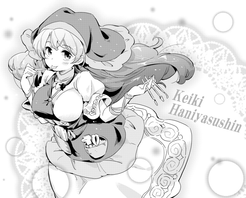apron between_fingers blush breasts caliper character_name commentary_request cowboy_shot doily dress greyscale hands_up haniyasushin_keiki head_scarf holding large_breasts long_hair looking_at_viewer magatama monochrome short_sleeves smile tanasuke tongue tongue_out tools touhou white_background