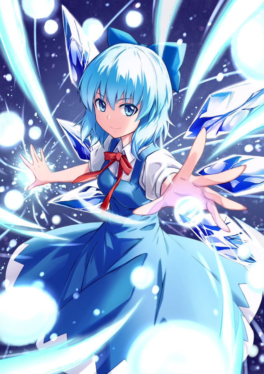 1girl absurdres bangs blue_bow blue_dress blue_eyes blue_hair bow cirno dress eyebrows_visible_through_hair fish.boy hair_bow highres ice ice_wings looking_at_viewer puffy_short_sleeves puffy_sleeves short_hair short_sleeves smile solo touhou wings