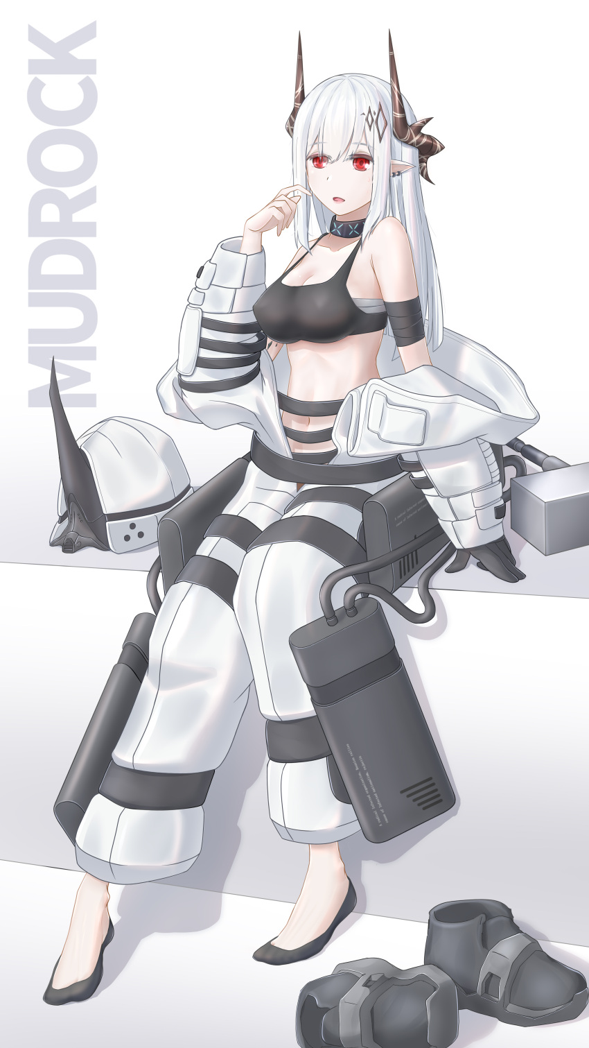 1girl absurdres arknights armband black_choker black_collar black_tank_top boots boots_removed choker collar crop_top demon_girl demon_horns earrings hammer highres horns jewelry long_hair midriff mudrock_(arknights) pixiv9644242 pointy_ears red_eyes sarashi see-through silver_hair sledgehammer socks sports_bra stomach tank_top underwear