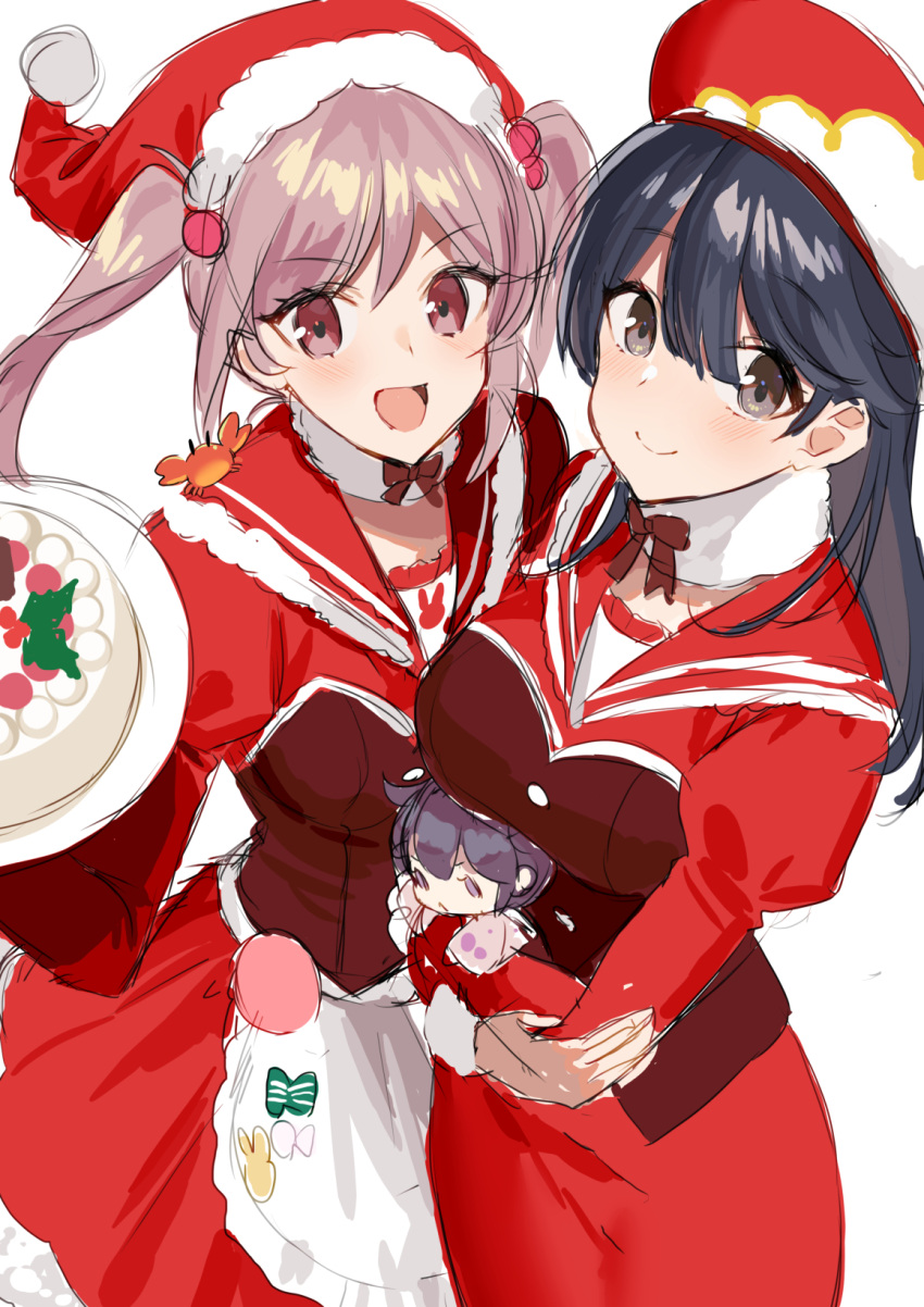 2girls ahoge akebono_(kantai_collection) apron black_hair brown_eyes cake character_doll commentary_request dress food fur-trimmed_headwear fur_trim hair_bobbles hair_ornament hat highres kantai_collection long_hair looking_at_viewer mizuki_eiru_(akagi_kurage) multiple_girls official_alternate_costume pink_eyes pink_hair puffy_sleeves red_dress red_headwear red_sailor_collar sailor_collar santa_hat sazanami_(kantai_collection) short_hair smile twintails ushio_(kantai_collection) waist_apron white_apron