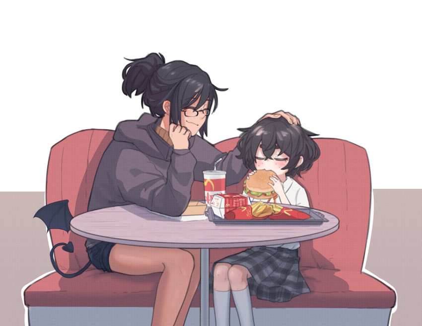 2girls black-framed_eyewear blind blind_girl_(popopoka) child closed_eyes collared_shirt commentary commission couch cup demon_tail demon_wings disposable_cup drinking_straw eating english_commentary food freckles french_fries glasses grey_eyes grey_hoodie grey_skirt hamburger hand_on_another's_head highres holding holding_food hood hoodie long_sleeves low_wings mcdonald's medium_hair multiple_girls neck_ribbon orange_neckwear orange_ribbon original petting ponytail popopoka ribbon shirt short_shorts shorts sitting skirt smile socks tail tray white_legwear wing_collar wings
