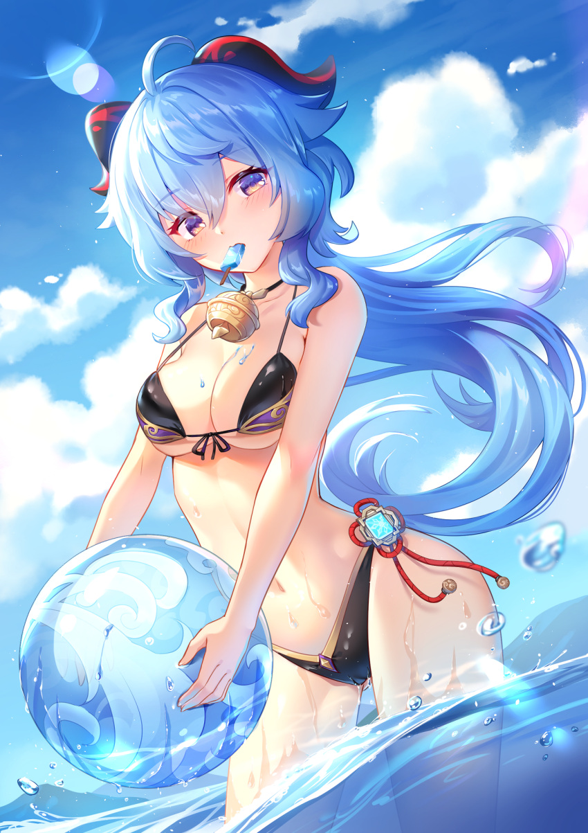1girl ahoge ball bare_arms bare_shoulders beachball bikini black_bikini blue_hair blue_sky breasts clouds day floating_hair food front-tie_bikini front-tie_top ganyu_(genshin_impact) genshin_impact goat_horns highres holding holding_ball horns lalazyt long_hair looking_at_viewer medium_breasts mouth_hold ocean outdoors popsicle revision sky solo string_bikini summer swimsuit very_long_hair violet_eyes wading wet